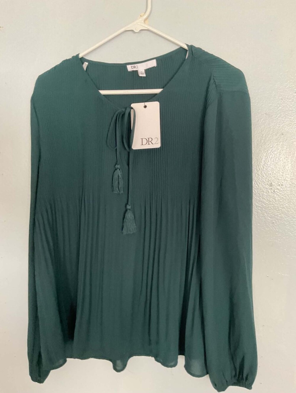 DR2 Teal Green Pleated Tassel Tie Blouse